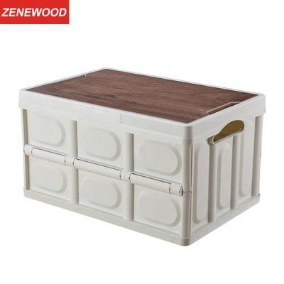 China 30L Camping PP Plastic Easy Folding Food Storage Box Container With Wooden Top for sale