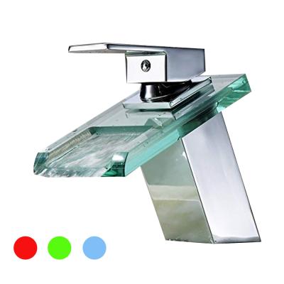 China Homedec Faucets Waterfall Bathroom Glass Sink Led Metered Water Basin Faucet With LED Light for sale