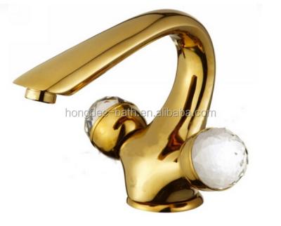 China Cheap Double Sense Copper Bathroom Sink Faucet Two Handles Gold Bathroom Faucet for sale