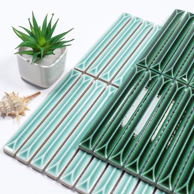 China Wholesale Green Ceramic Thin Strip Mosaic Tiles Long Parquet Strip Wall Mosaic Tiles For Bathroom Wall for sale