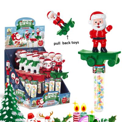 China Capsule Toys Scooter Santa Plastic Products Pull Back Toys With Fruit Candy Christmas Candy Toys for sale