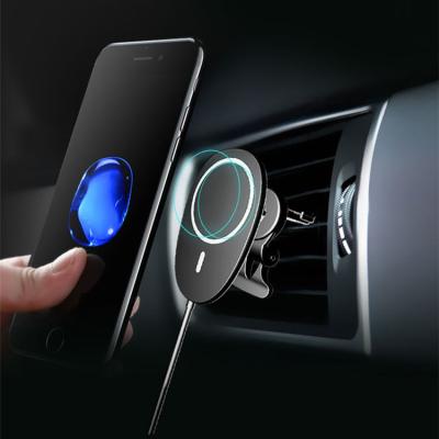 China New 15W Qi Magnetic Radio Induction Car Duct Mount Phone Auto Sensing Magnetic-Safe Charger For Iphone 12 pro Max Mini for sale