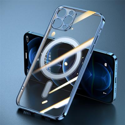 China Transparent Shockproof Silicone Magnet Cell Phone Case For iPhone 12 11 Pro 12 Max Mini Wireless Charger Magsaf Electroplated TPU Cover for sale