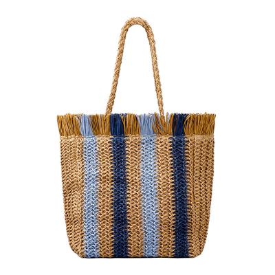 China NATIONAL Eco-Friendly Straw Woven Striped Tote Bags Womens Striped Handbags Ladies Shoulder Straw Causal Bags for sale