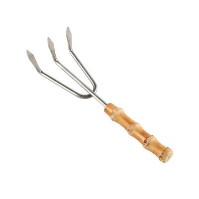 China Real Root Stainless Steel Bamboo Wood Root Planting Soil Loosening Weeding Garden Tool Three Teeth Cultivator Hand Claw Rake for sale