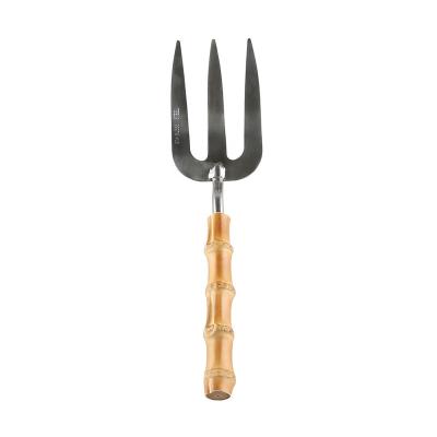 China Real Root Bamboo Flower Planting Tools Stainless Steel Root Handle Wooden Bamboo Soil Loosening 3-Teeth Hand Garden Scarification Digging Fork for sale