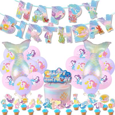 China Emulsion Mermaid Party Supplies Happy Birthday Party Decoration Set Balloon Banner Cake Topper for sale