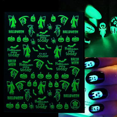 China Halloween Pumpkin Fun Party Popular Luminous Beauty Finger Nail Stickers Skeleton Nail Aat Sticker for sale