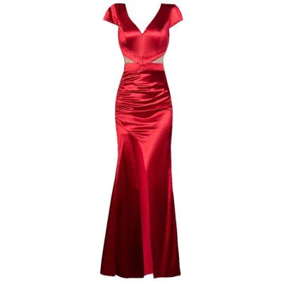 China New Promotion Satin Waist Maxi Dress Ladies Satin Waist Cutout V-Neck Anti-Static Evening Dress for sale