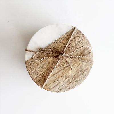 China Sustainable Healthy Eco - Friendly Round White Marble And Wooden Cup Pad Coaster Set For Party for sale