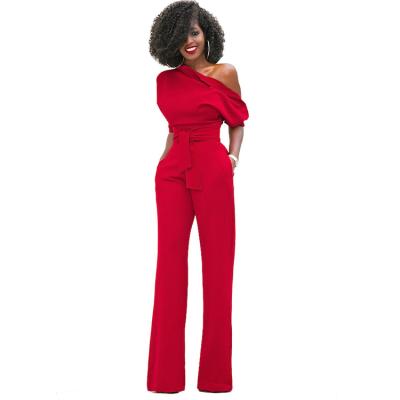 China Breathable Women Classic Solid Color Slope Collar Buttoned One Piece Wide Leg Pants Overalls for sale