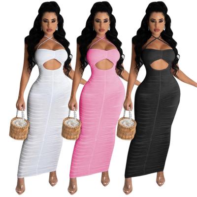 China Fashion Women's Breathable Solid Color Suspender Skirt Strap Pleated Hole Sleeveless Maxi Dress for sale