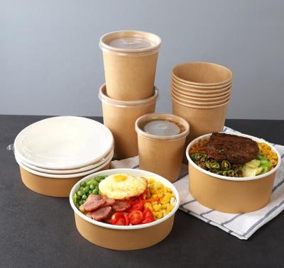 China Disposable waterproof and grease proof disposable food container brown kraft paper soup bowl with lid for sale