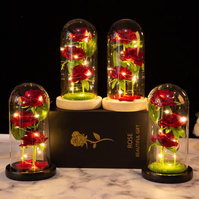 China Wholesale Three Flower Silk Simulation Mounted Bouquet Glass Cover Ornaments Creative Valentine's Day Gifts LED Lights Decorative Gifts for sale