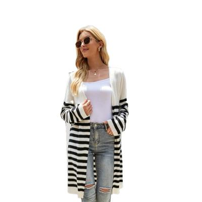 China 2021 high quality wholesale anti-pilling lady sweater loose fitting coat knee length stripped color for sale