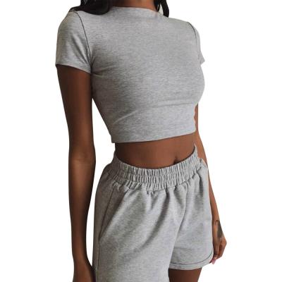 China QUICK DRY European American Women Summer Leisure Suit Crop Short Sleeve High Waist Shorts Two Sets Lady for sale