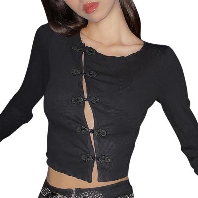 China New Design Ladies Stock Factory Supply Anti-pilling Anti-pilling Chinese Long Sleeve Style Solid Color Ready Casual Top T-shirt for sale