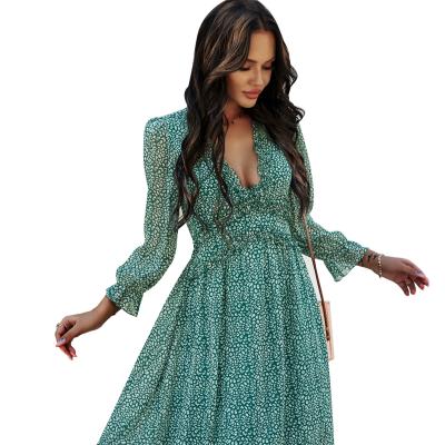 China 2021 Stock 2021 Long Sleeve V-Neck Lady Dress Breathable Elegant Lace Ready Length Long Stock High Waist for sale