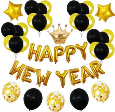 China 2022 Hot Sale Party Decoration New Year Decoration Black Gold Crown Confetti Latex Foil Balloons Kit For Happy New Year Party Supplies for sale