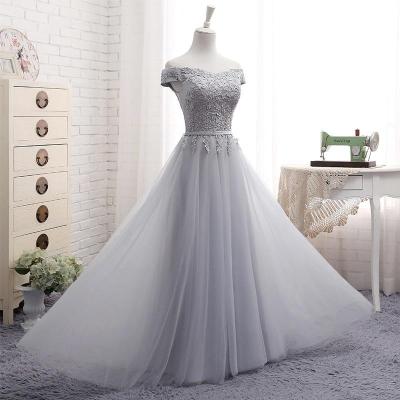 China 2022 New Arrivals Anti-Static Gray Lace Off Line The Shoulder Tulle Lace Mesh Prom Dress Evening Dresses for sale