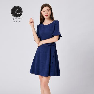 China New Design 2020 Anti-static Short Sleeve Dress Solid Blue Color Casual Mini Dresses for sale