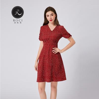 China 2020 Anti-Static New Hot Selling Casual Dresses Mini V-Neck Sleeve Ruffle Polka Dot Short Dress Red for sale