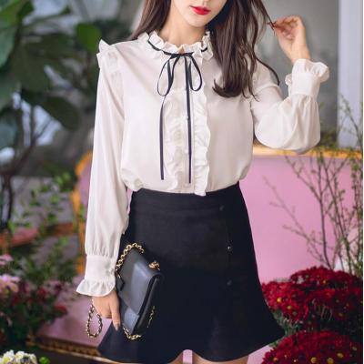 China Anti-pilling 2021 fall solid color white formal ladies fashion luxury elegant design new ladies ruffle shirts for sale