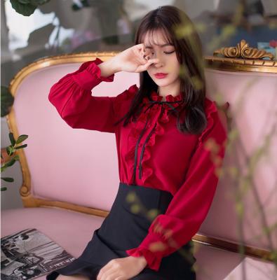 China New Design Elegant Women Ladies Ruffle Stand Collar Long Sleeve High Quality Long Sleeve Anti-pilling In Red Chiffon Shirt for sale