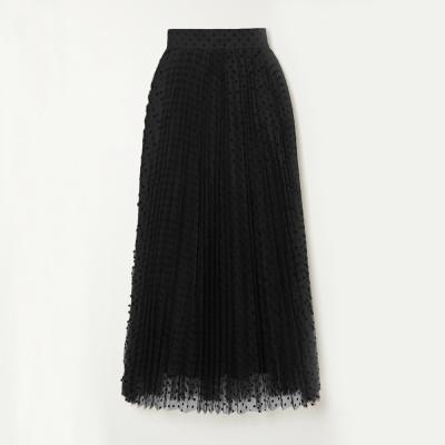 China Women's Fashion Plus Size 2021 Fashionable Charming Polka Dot Flocked Black Tulle Midi Pleated Skirt for sale