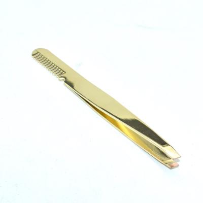 China Goods accepting orders for gold beveled flat mouth and stainless steel tweezers with comb eyebrow clip for sale