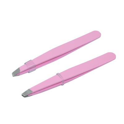 China Hot Durable Amazon Stainless Steel Eyebrow Tweezers Set Pink Diagonal Tip Eyebrow Tweezers for sale