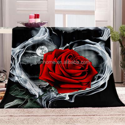 China Rose Designer Luxury Flannel Throw Blanket 3D Fleece Blanket Super Soft Red Custom Printed Floral Tassel Throw Blanket Winter Travel Bed Blanket for sale