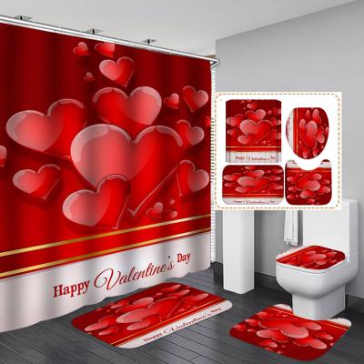 China Viable Happy Valentine's Day Love Shower Curtains Set 3D Hookless Custom Printed Shower Curtains With Bath Mats For Home Bathroom Use for sale