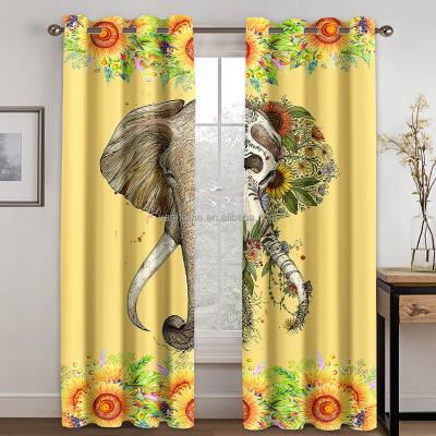 China Factory Price Blackout Bohemian Elephant Blackout Window Curtain African Art Home Decor Black Silk Fabric Curtains For Living Room for sale