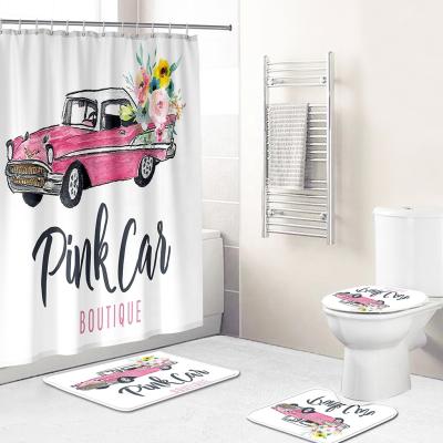 China Sustainable Vintage 3D Car Logo Print Luxury Designers Shower Curtains Set Old Car Pink Bathroom Carpet Set With Shower Curtain for sale