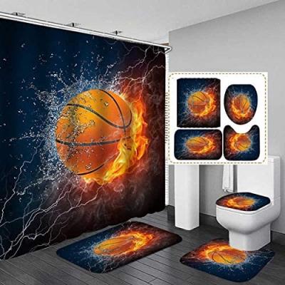 China Viable Designers Shower Curtain Set 3d Print Basketball Waterproof Sports Bath Curtain Bathroom Set Polyester Hookless 4 Pcs for sale