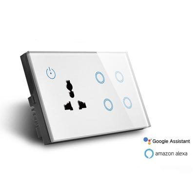 China Smart Home 4Gang Wifi System Wall Switch with 3 Socket Smart Touch Panel Glass Switch and Socket for sale