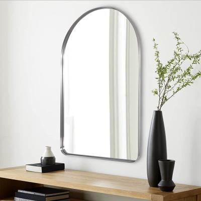 China Contemporary Brushed Nickel Bathroom Mirror in Stainless Steel Metal Frame, Arch Top Rounded Corner for sale