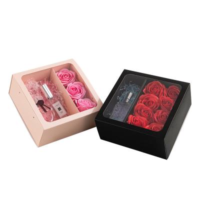 China Recycled Clear Cardboard Luxury Materials Flower Boxes Square Roses Packaging Transparent Custom Lid Gift Valentines Day Flower Dry Paper Box for sale