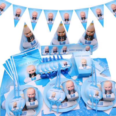 China Disposable Baby Dishes Cups Disposable Paper Tableware Theme Decorations Birthday Party Tableware Boss Cups Straws Tablecolth for sale