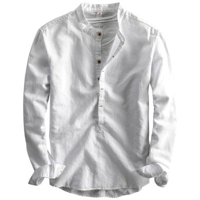 China New breathable loose pure color stand collar set single head leisure sleeve shirt canvas men wear along for sale