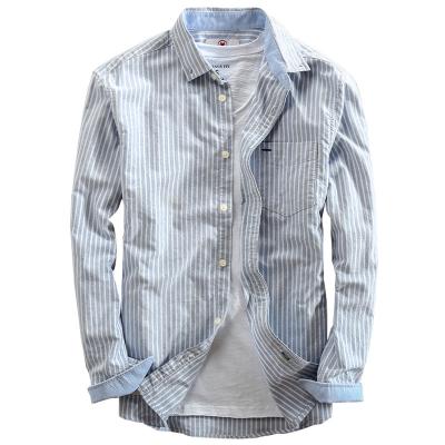 China Anti-Wrinkle Trendy Stripe Casual Loose Lapel Oxford Turned Cotton Long Sleeve Shirt For Men for sale