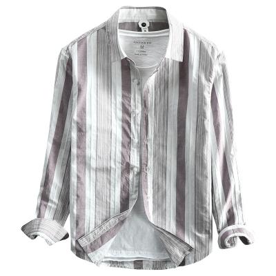 China New breathable summer cotton casual shirt stripe washed lapel long sleeve youth single shirt for men for sale