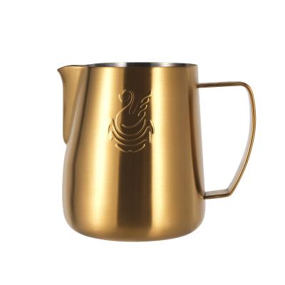 China Stocked Custom Logo Barista Maker Coffee Stainless Steel Frother Pitcher Milk Jug 400ml 304 Spout Pull Flower Pointed Cup Latte for sale