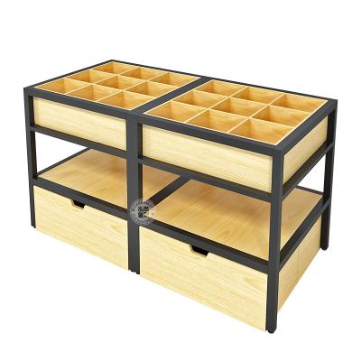 China Promotional Display Showing Commercial Promotion Accessories Miniso Style Steel-Wood Multi-Lattice Display Stand FOR Boutiques for sale