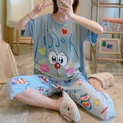 China Other wholesale price summer and autumn short sleeve seven minute pants ladies pajamas set lovely spot clothes round collar TW home for sale