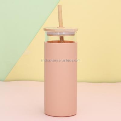 China Viable Hot Selling Glass Water Bottle With Silicone And Bamboo Sleeve Lid Straw Custom Glass Drinking Bottle for sale