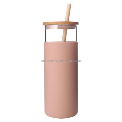 China Custom Viable Sleeve High Quality Glass Water Silicone Drinking Bottle With Straw And Bamboo Lid for sale