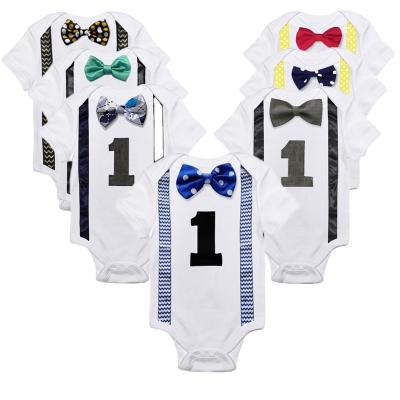 China 1 Year Birthday Baby Boy Summer Anti-Shrink Romper Clothes Toddler Boy Cotton Letter Bowtie Bodysuit Infant Print For 3 6 9 12 Months Overalls for sale