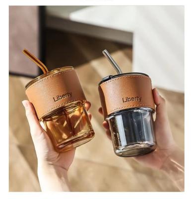 China Modern Ins Style 160z Coffee Double Drinks Straw Cup Portable Office Cup Drinkware Leather Glass Cup Holder for sale